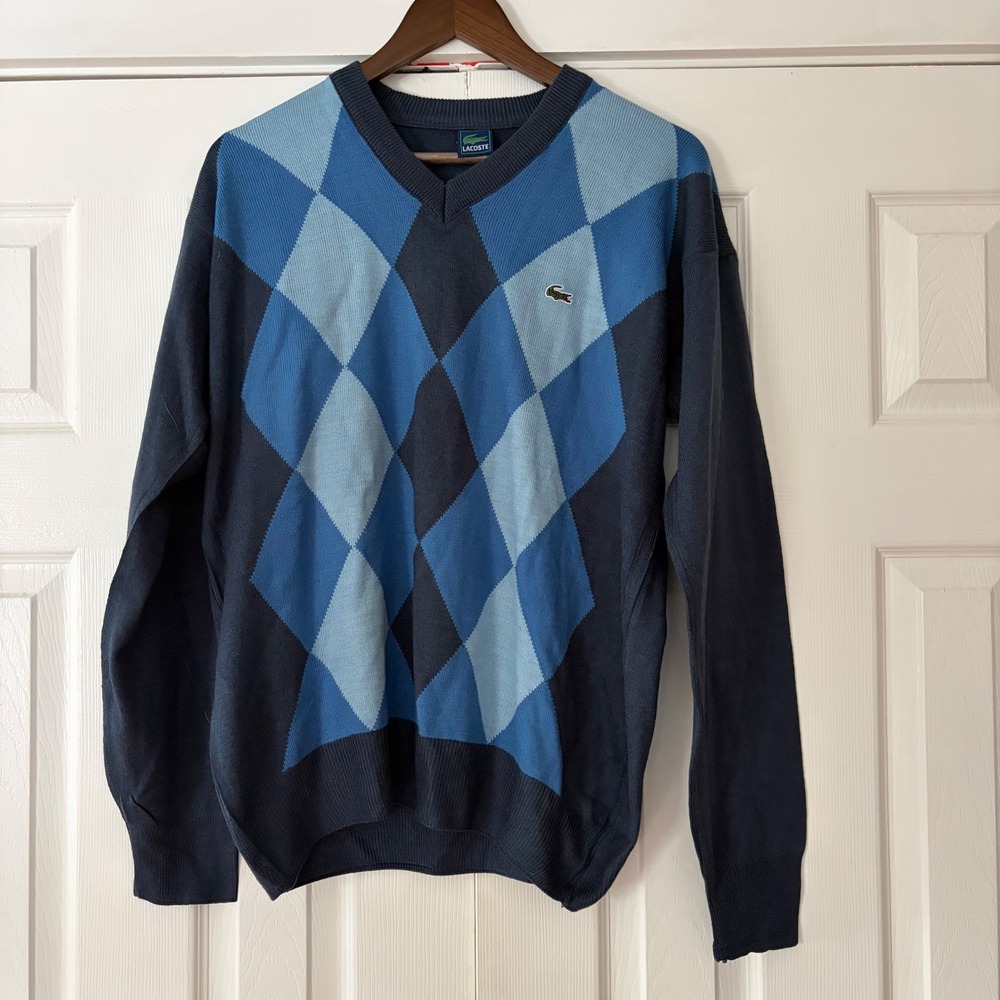 Lacoste Mens Argyle V-Neck Sweater Navy Blue Long Sleeve Crocodile Logo‎ Large